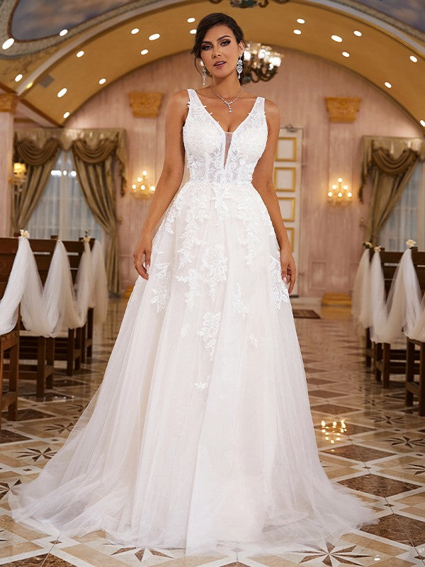 A-Line/Princess Sleeveless V-neck Sweep/Brush Train Chiffon Wedding Dresses main image 1