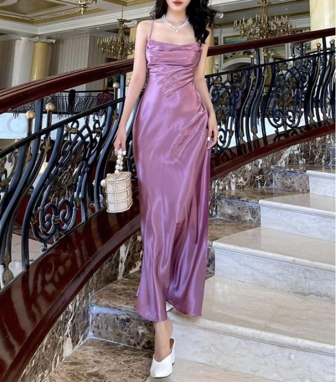 Elegant Purple Satin Pleated Long Prom Dress for Formal Evenings main image 0