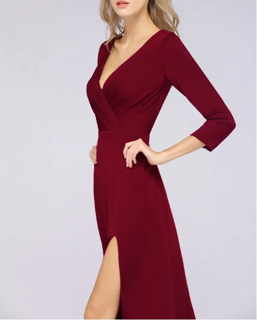 A Line Burgundy V Neck Long Sleeves Side Slit Prom Dresses LBQ0898 main image 1
