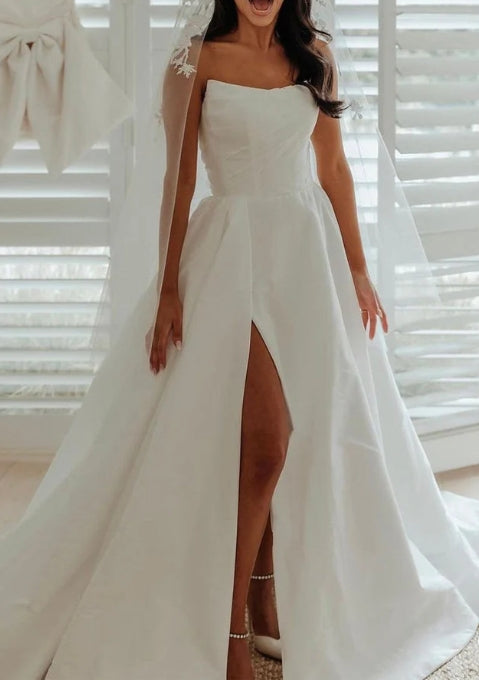 Elegant A-Line Strapless White Satin Wedding Dresses With Slit main image 1