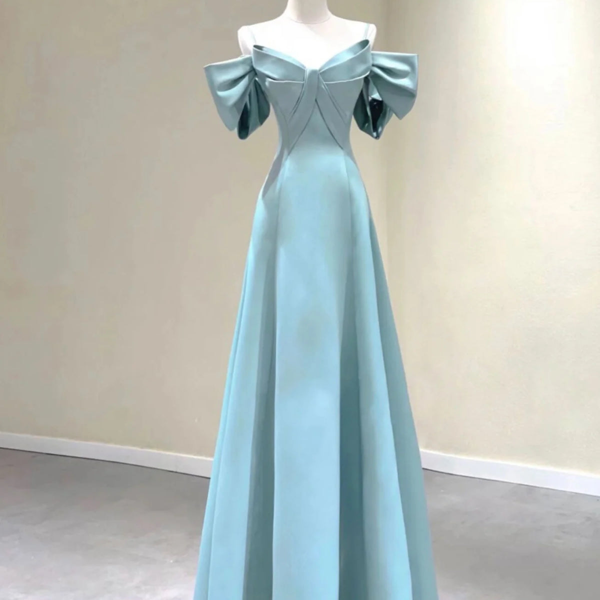 A Line Blue V Neck Satin Prom Dress LBQ1112 main image 1