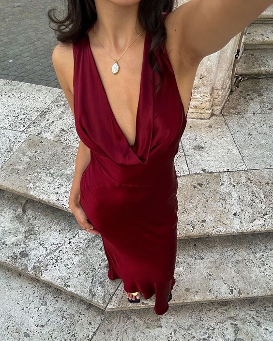Ruched Burgundy Satin Deep V Neck Belt Prom Dress With Slit main image 1