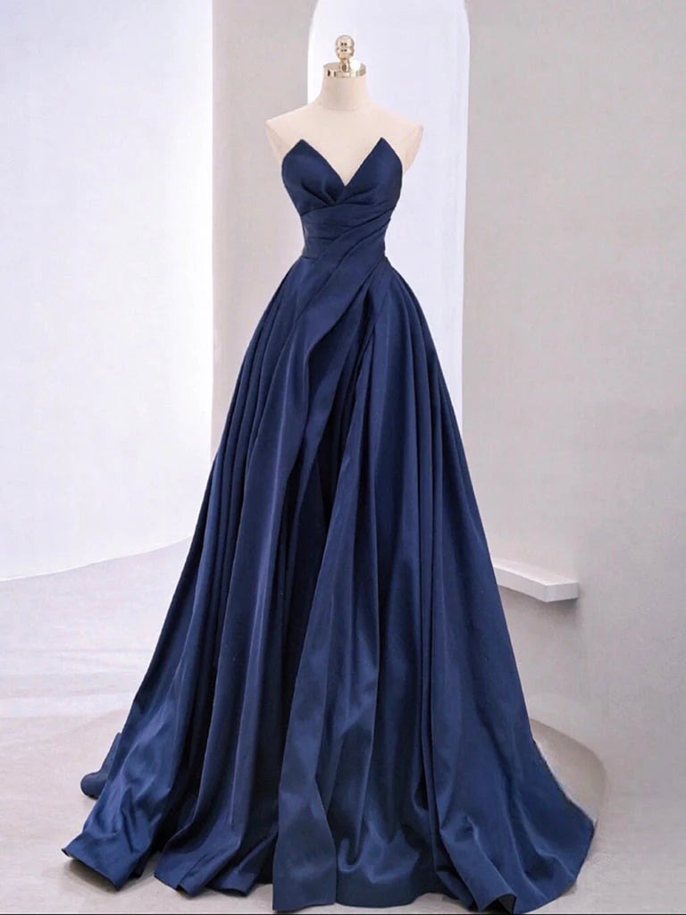 A-line V-neck Long Satin Dresses with Pockets Ink Blue