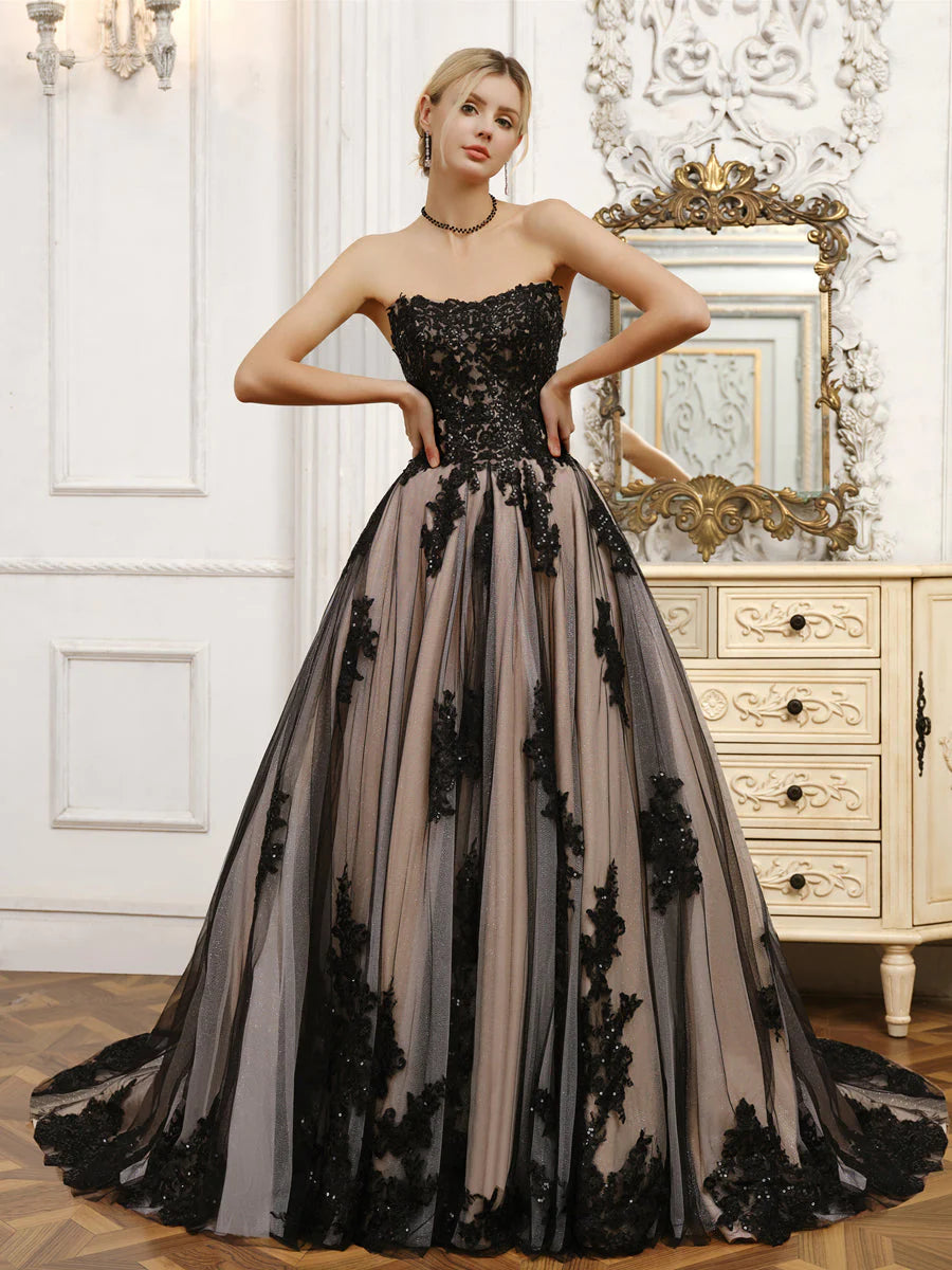 Timeless Ball Gown Strapless Satin Tulle Beads Long Wedding Dresses