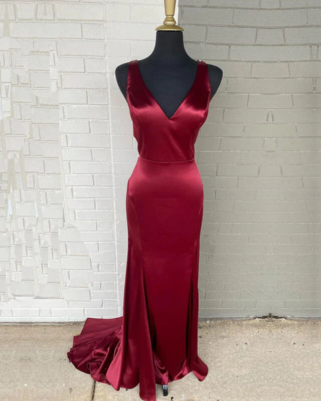 Long Mermaid V Neck Satin Evening Dresses  DingJi WeddingDress