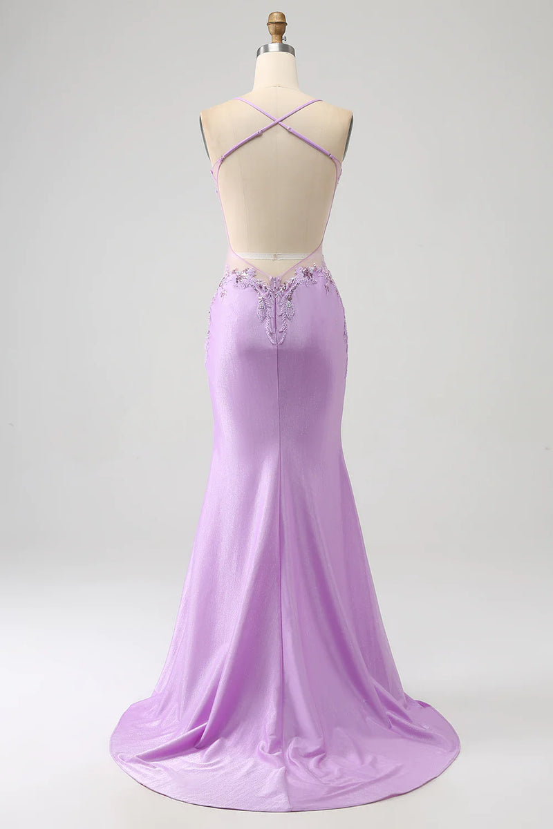 V-neck  Appliqued Spaghetti Straps Mermaid Prom Dress Lilac Plus Size