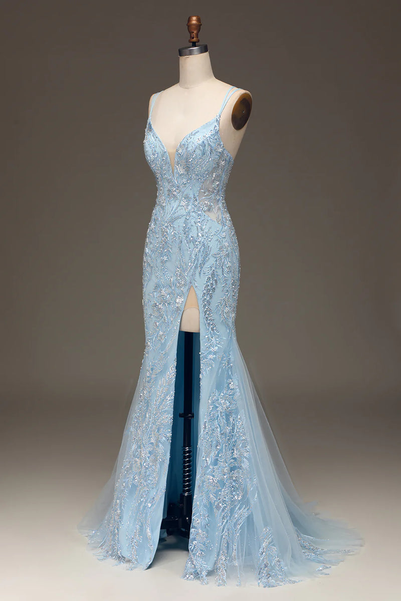 Blue Mermaid Sleeveless Prom Dress with Tulle Ruffles and Appliques main image 0