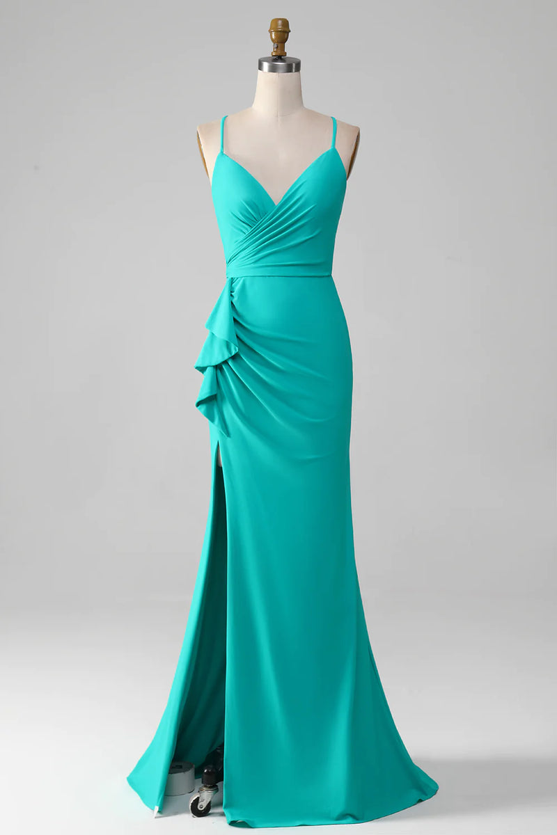 Chiffon Pleated Top Long Dresses with Open Back Turquoise