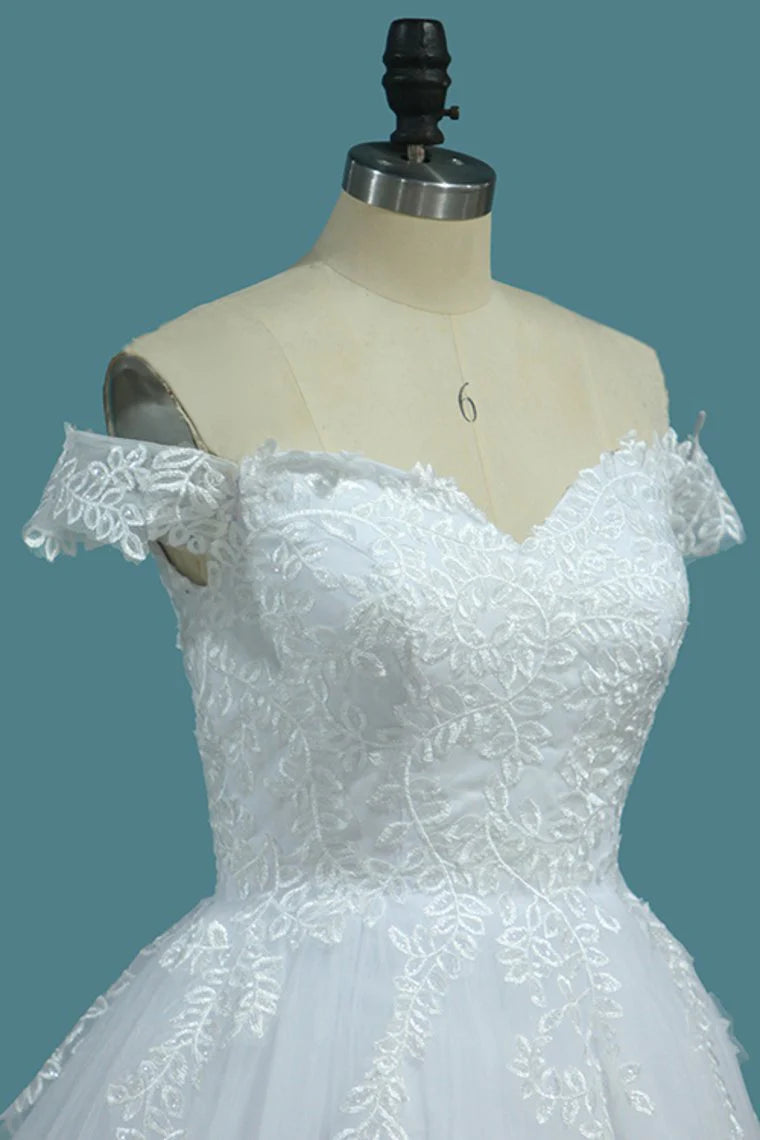 A-Line Floral Dress Wedding Guest Sweep / Brush Train Sleeveless Off Shoulder Tulle Over Lace