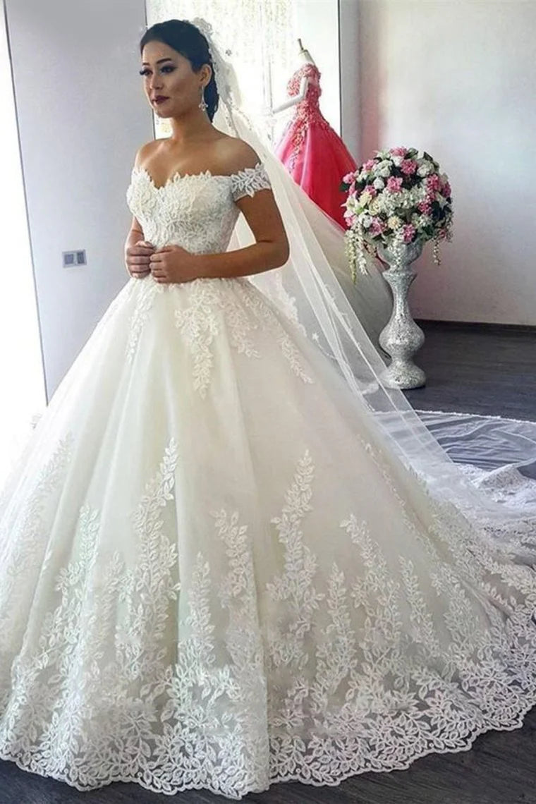 A-line Off Shoulder Sleeveless Sweep Train Wedding Party Dress, Lace main image 0