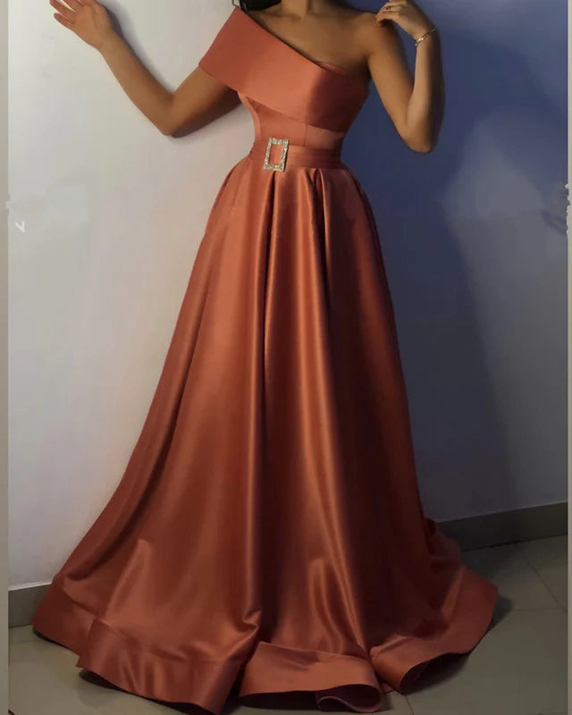 One Shoulder Long Satin Dresses with Pockets Orange