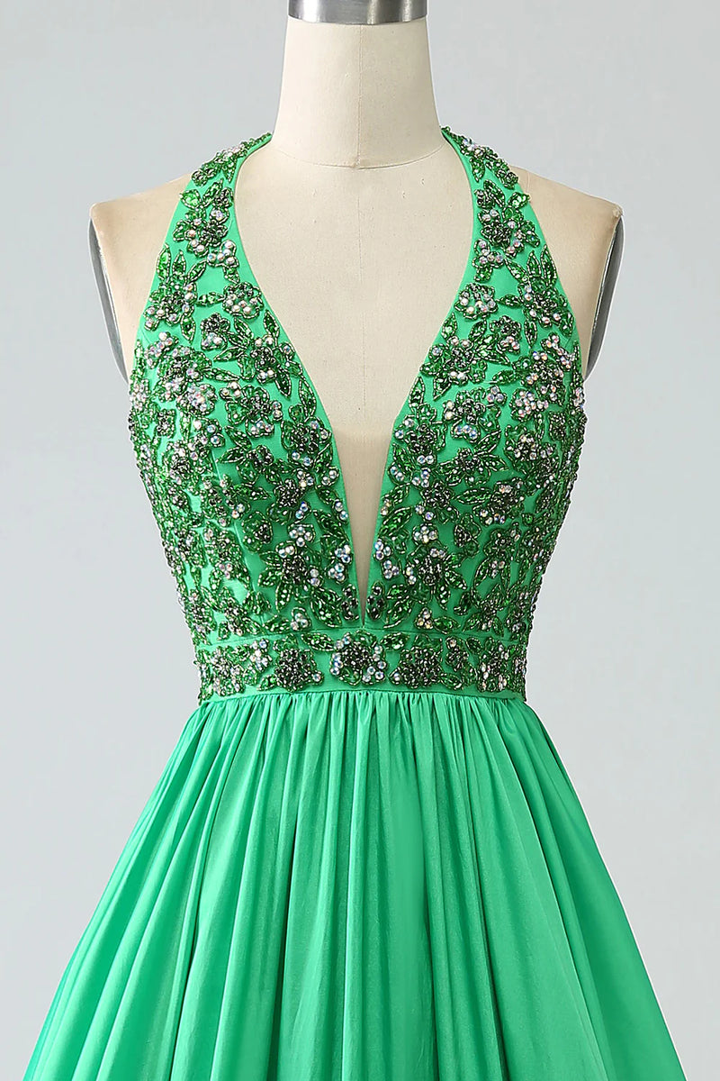 Vintage A Line Halter Beaded Green Satin Open Back Prom Dress