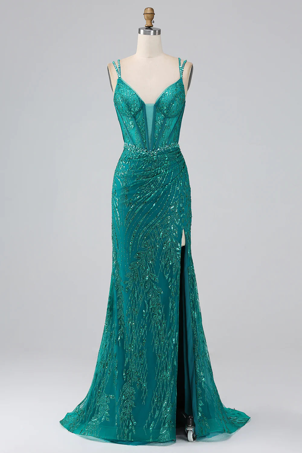 Modern Dark Green Mermaid Prom Dress With Beadings Spaghetti-Straps