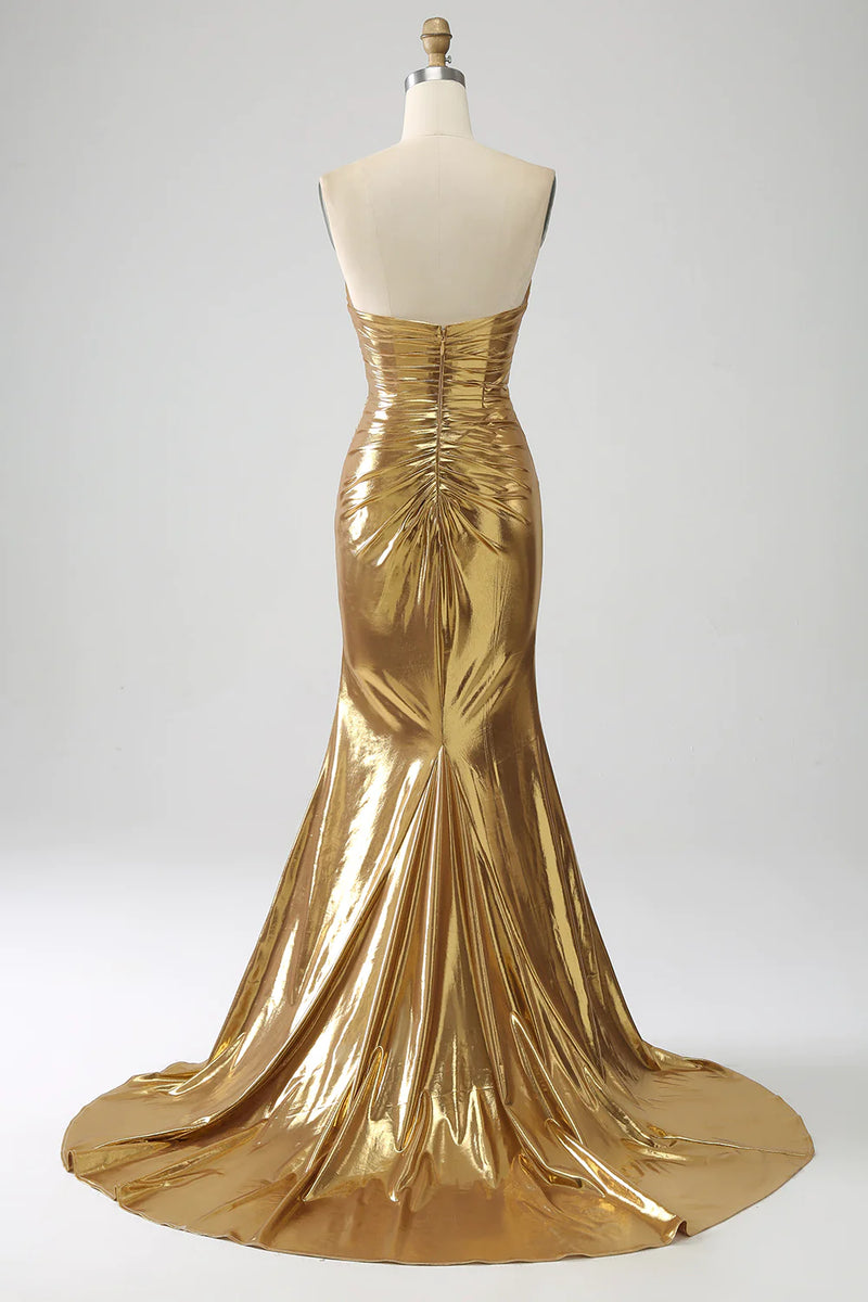 Long-Sleeve Gold Embroidery Mermaid Prom Dress With Slit