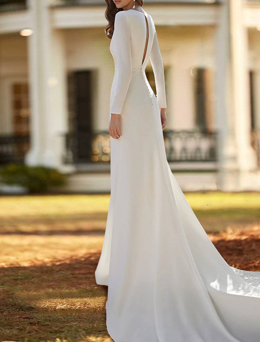 Sheath Scalloped Neck Long Sleeves Detachable Court Train Wedding Dress