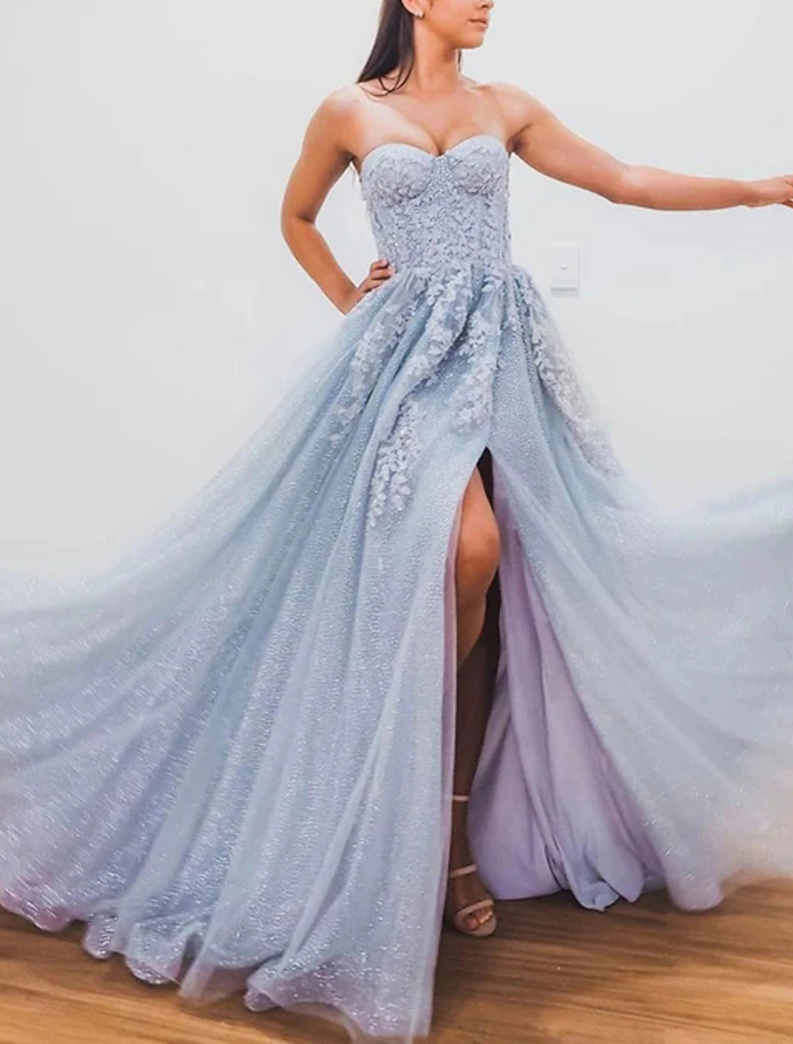 A-Line Evening Gown Sparkle & Shine Dress Formal Court Train Short Sleeve Off Shoulder main image 1