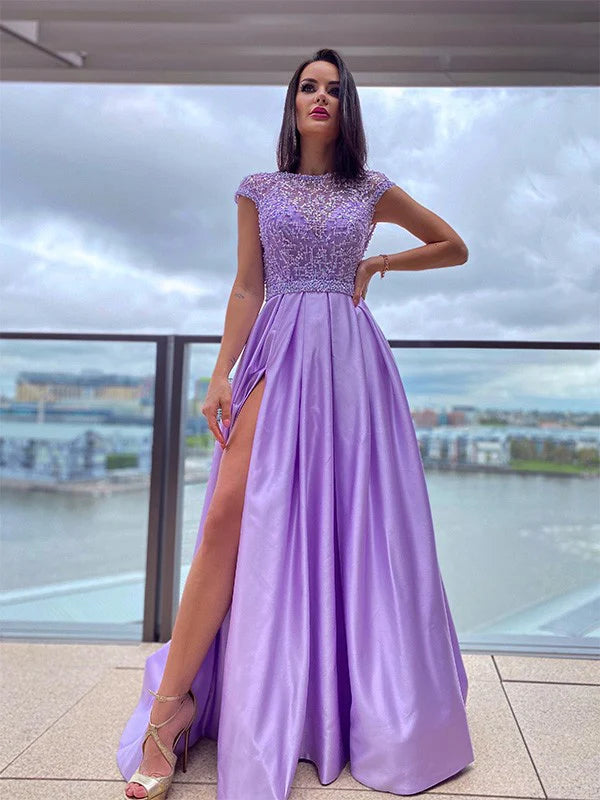 A Line Scoop Satin Pockets Prom Dress with Beading LBQ3871 main image 1