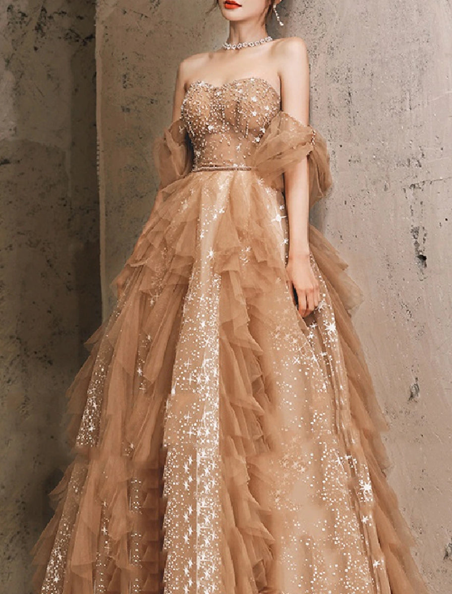 A-Line Evening Gown Sparkle & Shine Dress Formal Court Train Short Sleeve Off Shoulder main image 0