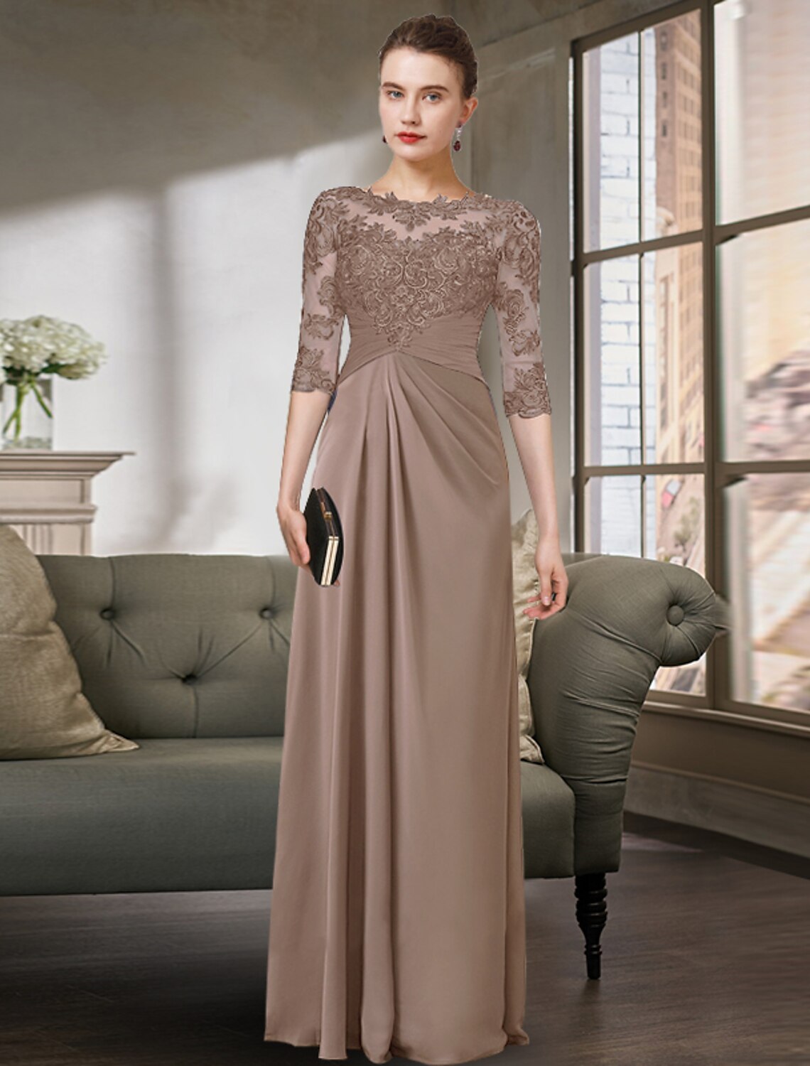 Sheath/Column Jewel Neck Short Mother of the Bride Dresses with Lace