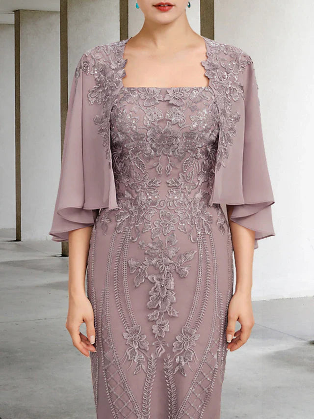 Lace Appliques Sheath/Column Square Neck Tea-Length Mother of the Bride & Groom Dresses for Women main image 1