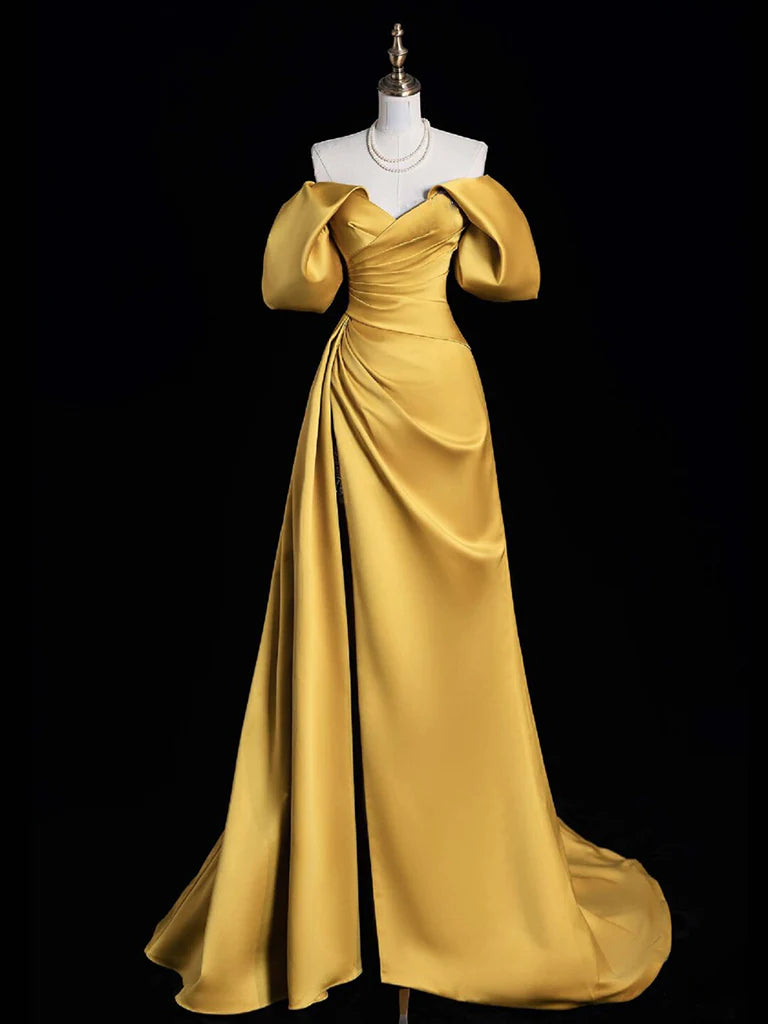 A-Line Off Shoulder Satin Gold Long Prom Dress Gold Long Evening Dress