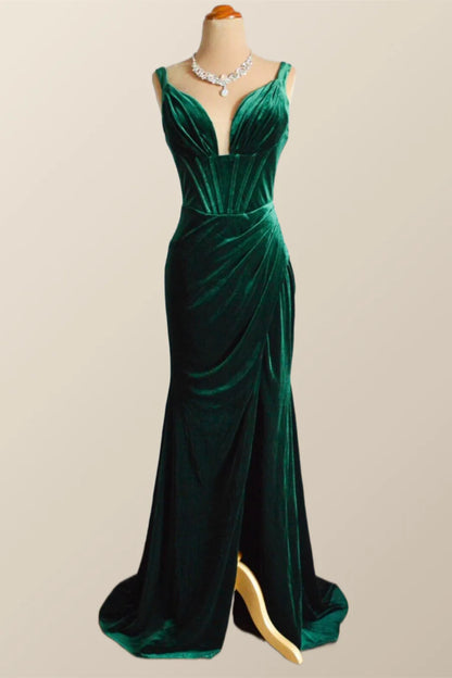 Green Velvet Mermaid Long Formal Prom Dress with Slit