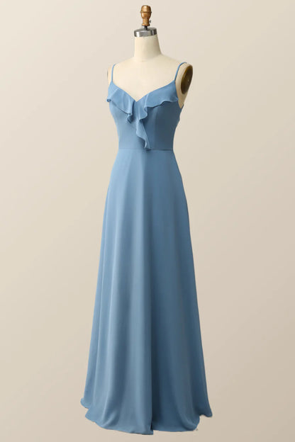 Blue Straps Ruffle Chiffon Long Bridesmaid Dress