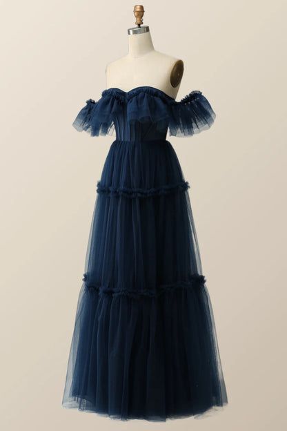 Off the Shoulder Navy Blue Tulle Prom Gown