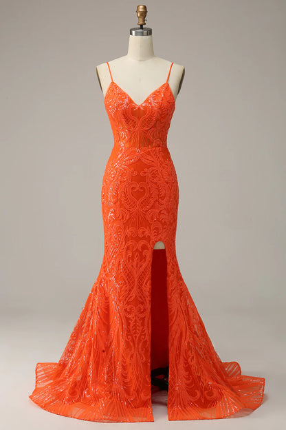 Mermaid Spaghetti Straps Orange Long Prom Dress with Slit Front