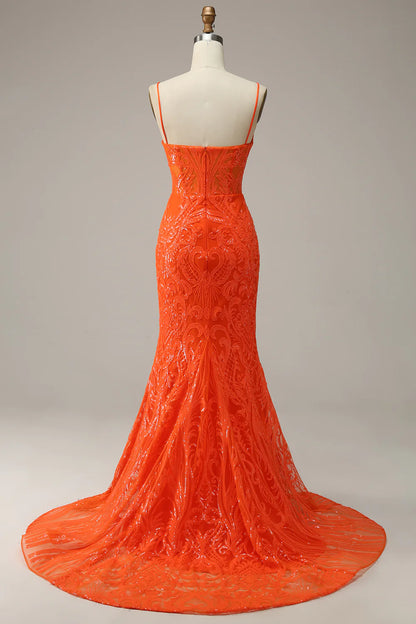 Mermaid Spaghetti Straps Orange Long Prom Dress with Slit Front