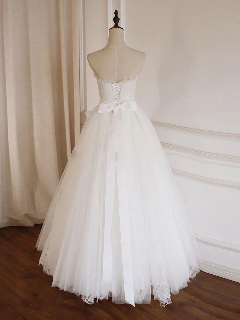 White A-Line Tulle Lace Long Prom Dress