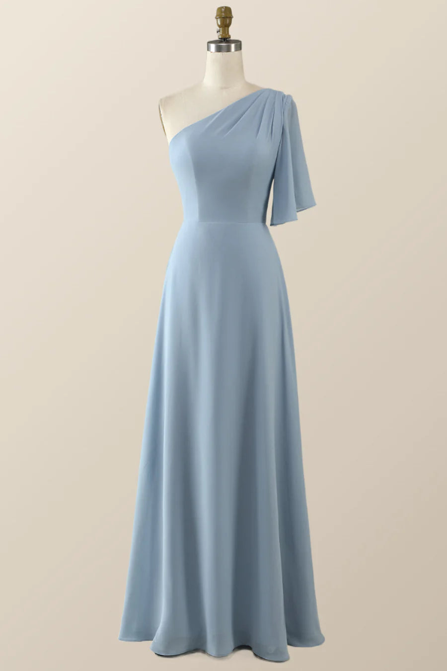 One Shoulder Blue Chiffon Long Bridesmaid Dress