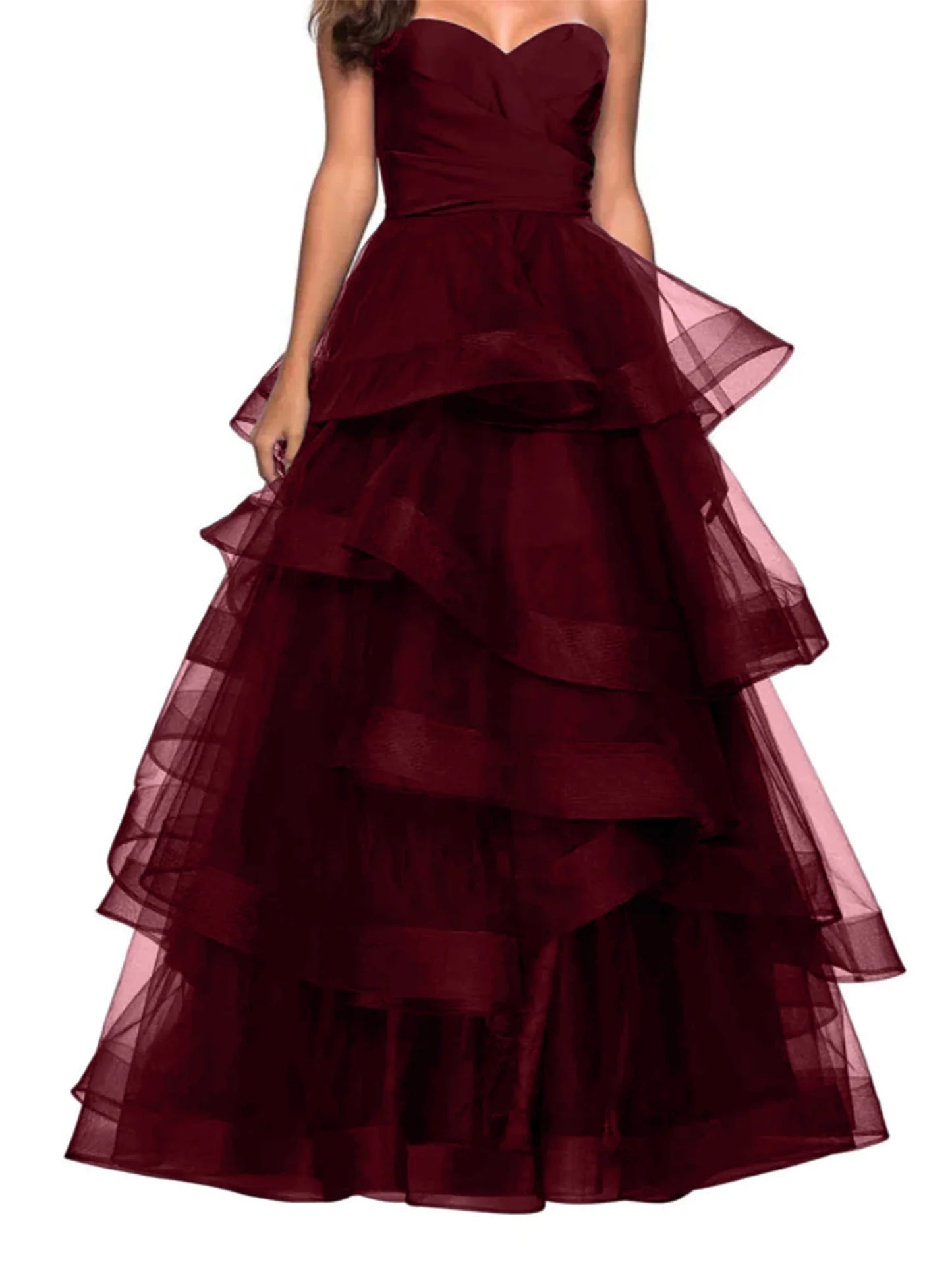 Sweetheart Red Ball Gown A Line Tulle Long Prom Dress with Ruffles