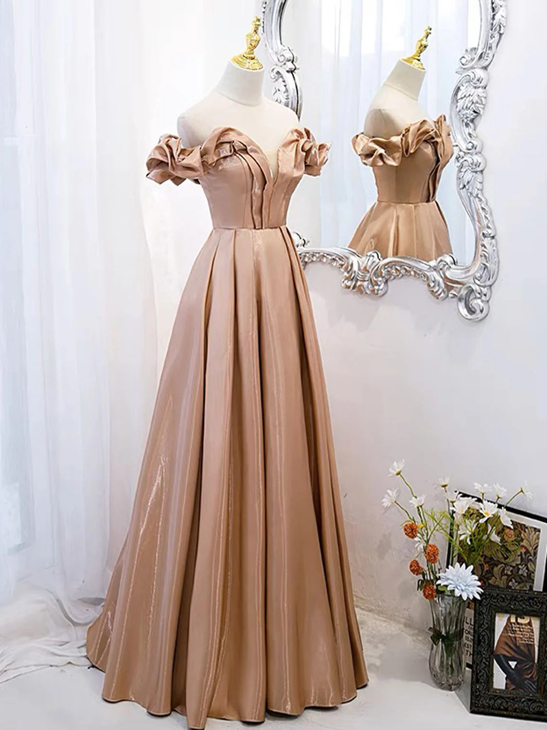 A-Line Off Shoulder Satin Champagne Long Prom Dress