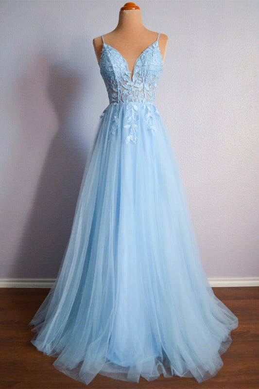 Straps Blue Lace Appliques A-line Long Formal Prom Dress