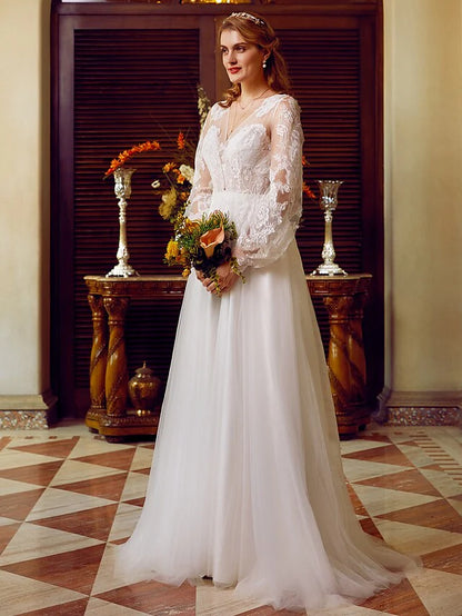 A-Line Wedding Dresses V Neck Lace Tulle Long Sleeve See-Through with Appliques