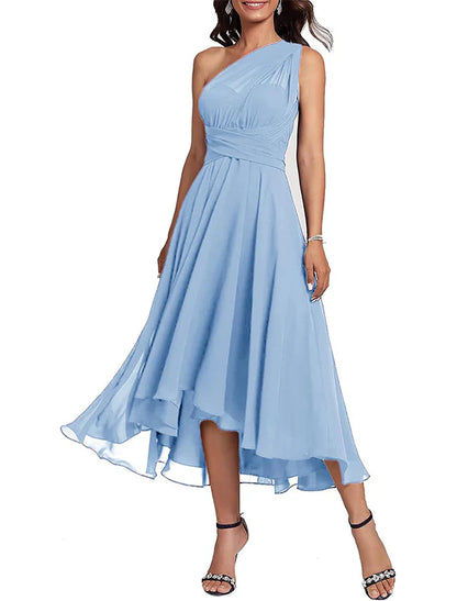 A-Line Blue Wedding Guest Dresses Convertible Infinity Mother Dress Formal Tea Length Sleeveless One Shoulder Chiffon with Ruched