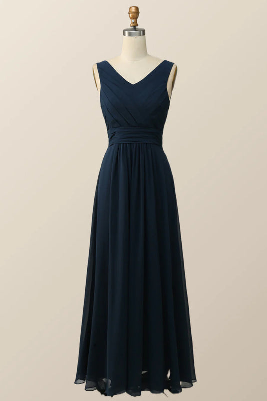 Navy Blue Pleated Chiffon A-line Long Bridesmaid Dress