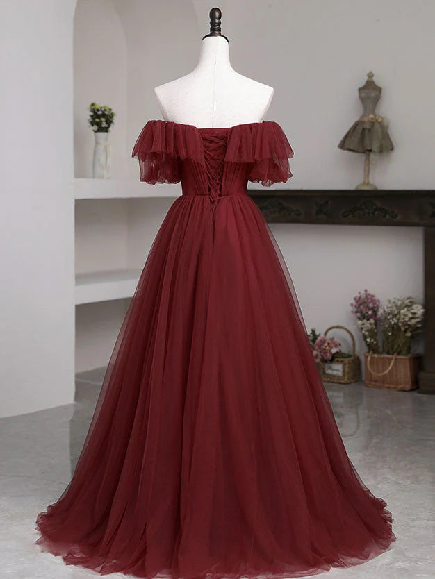 Simple A line burgundy tulle long prom dress