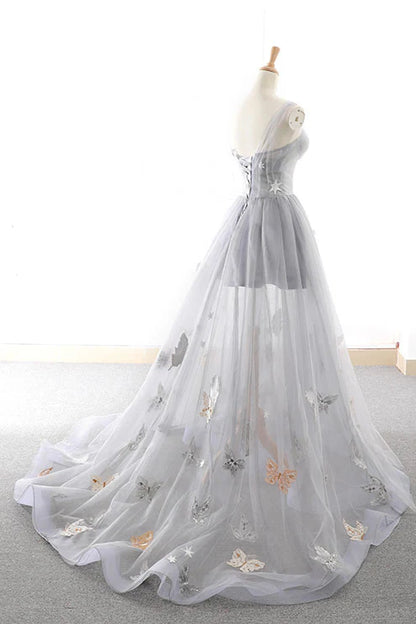 Gray sweetheart tulle long prom dress gray evening dress