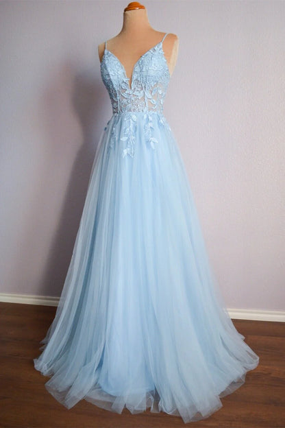 Straps Blue Lace Appliques A-line Long Formal Prom Dress