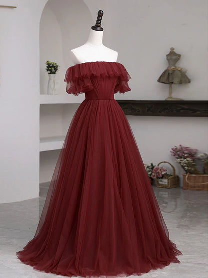 Simple A line burgundy tulle long prom dress