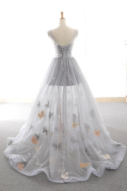 Gray sweetheart tulle long prom dress gray evening dress