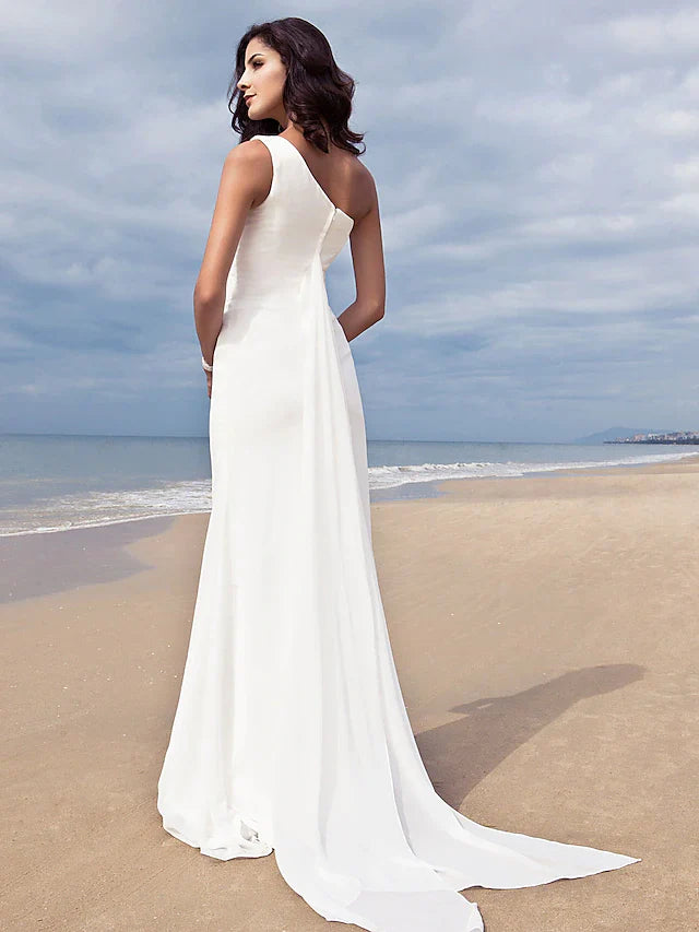 Wedding Dresses One Shoulder Chiffon Regular Straps Simple Plus Size with Side-Draped