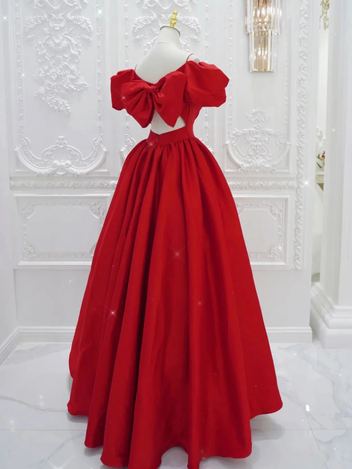 Red v neck satin long prom dress red evening dress