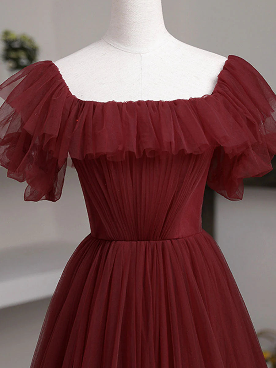 Simple A line burgundy tulle long prom dress