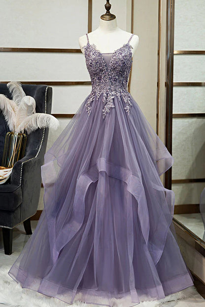 Unique v neck tulle lace long prom dress tulle lace formal dress