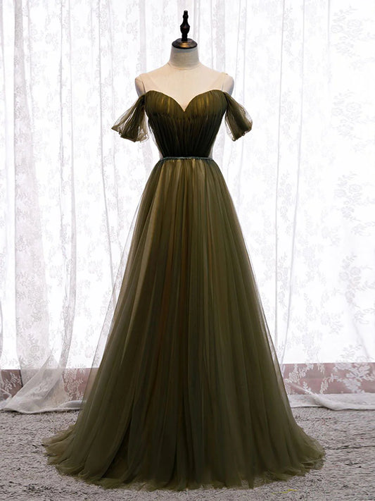 Simple sweetheart tulle green long prom dress green evening dress