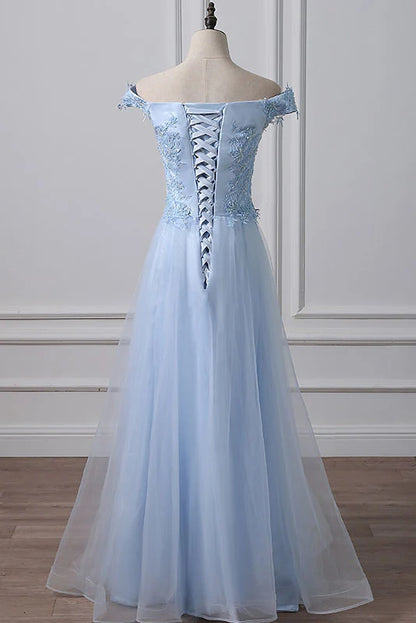 Blue tulle lace off shoulder long prom dress blue evening dress