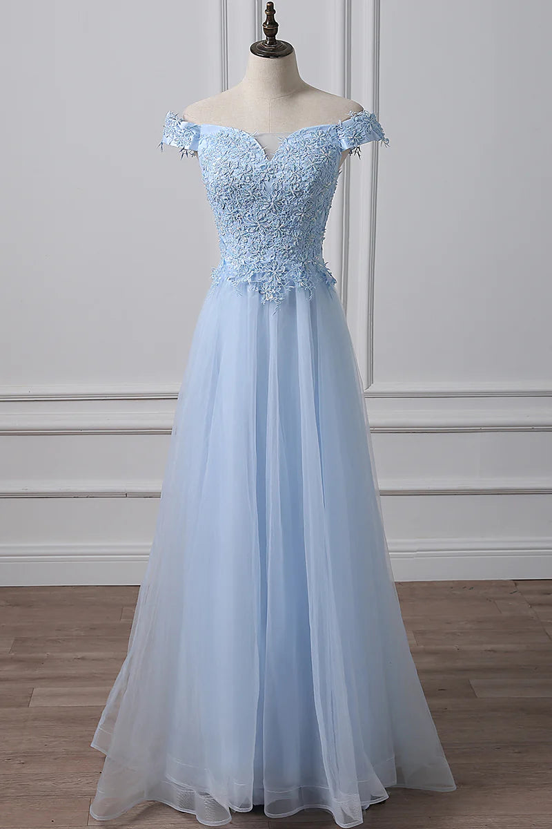 Blue tulle lace off shoulder long prom dress blue evening dress